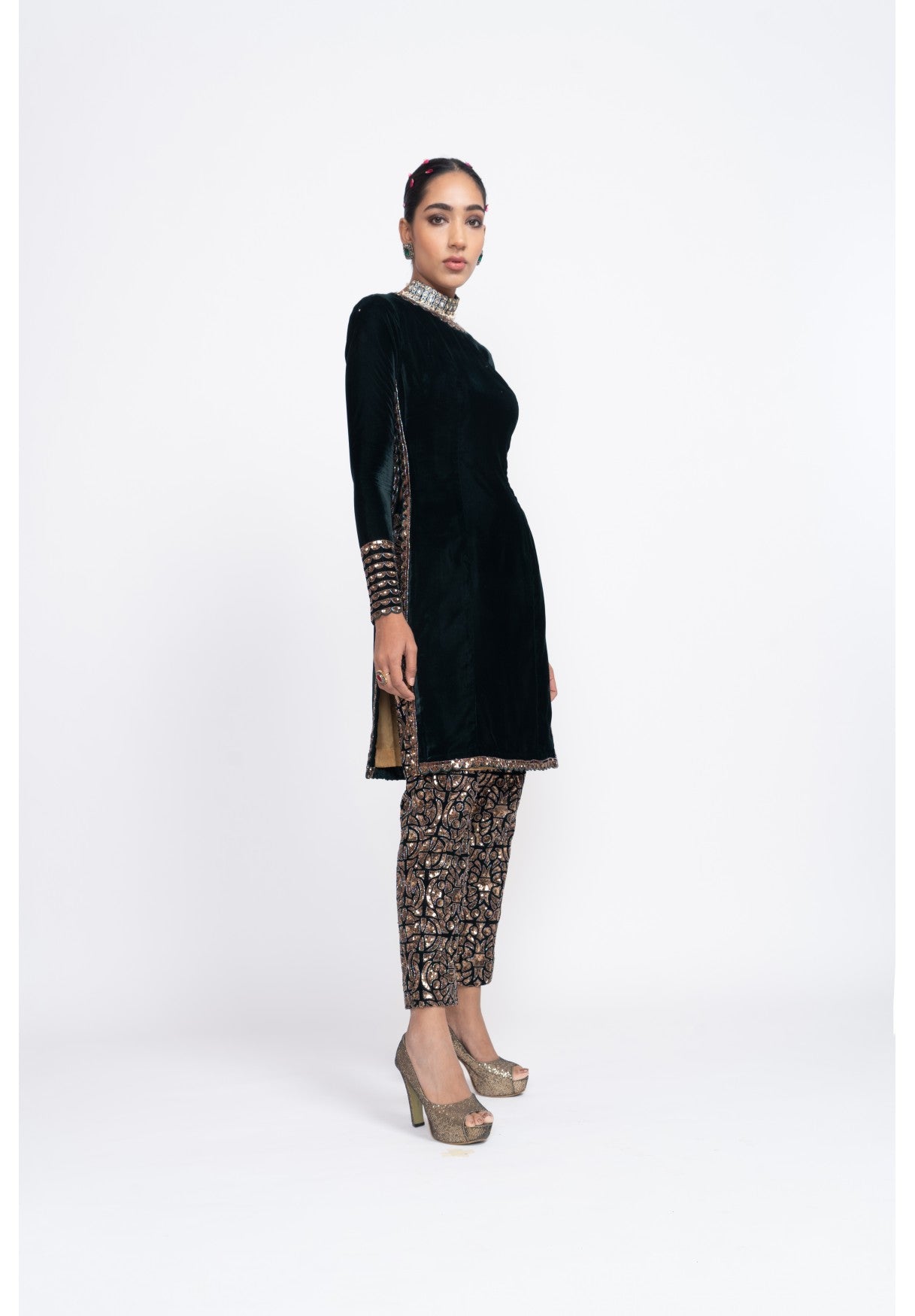 Deep Green Velvet Kurta Set