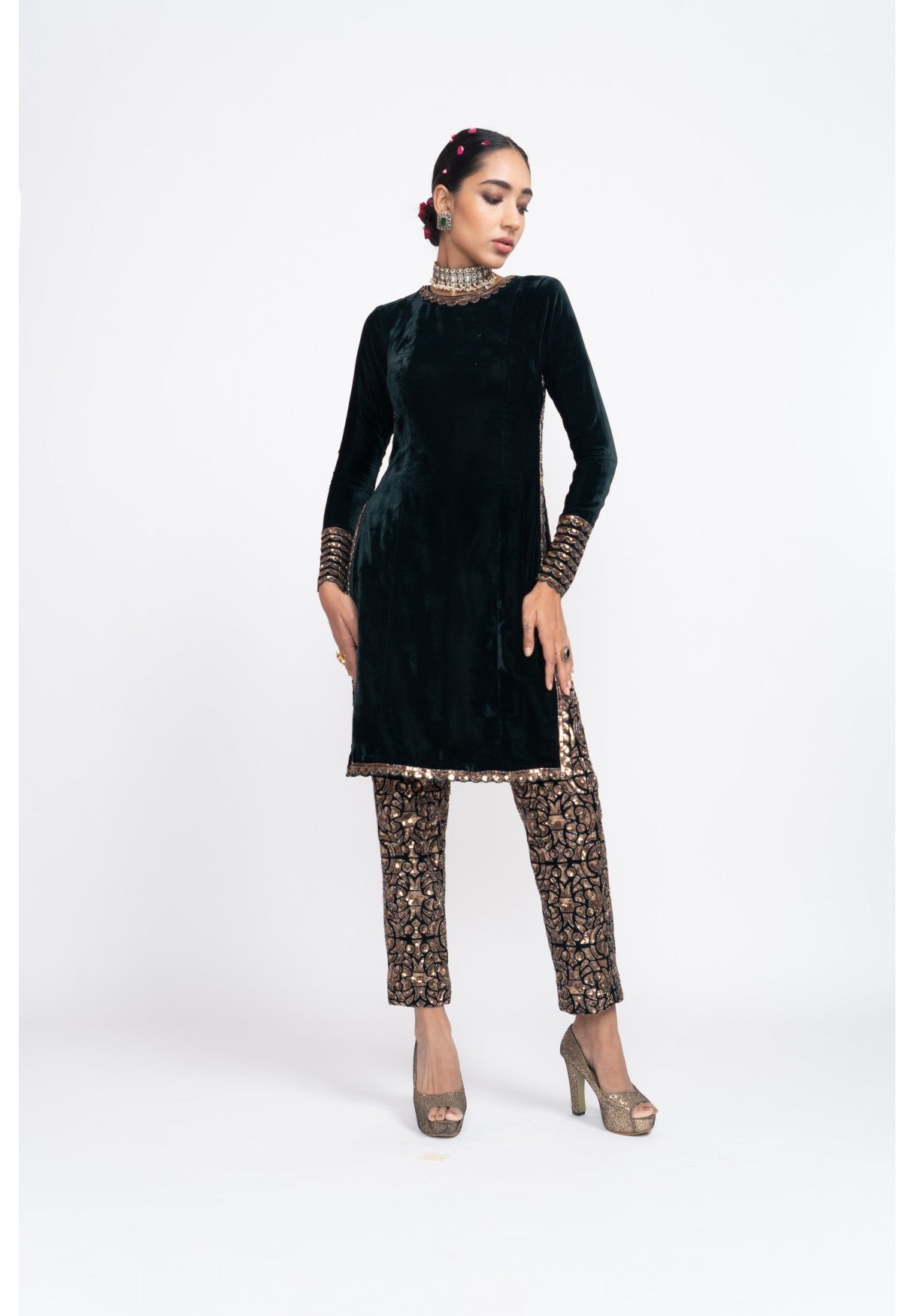 Deep Green Velvet Kurta Set