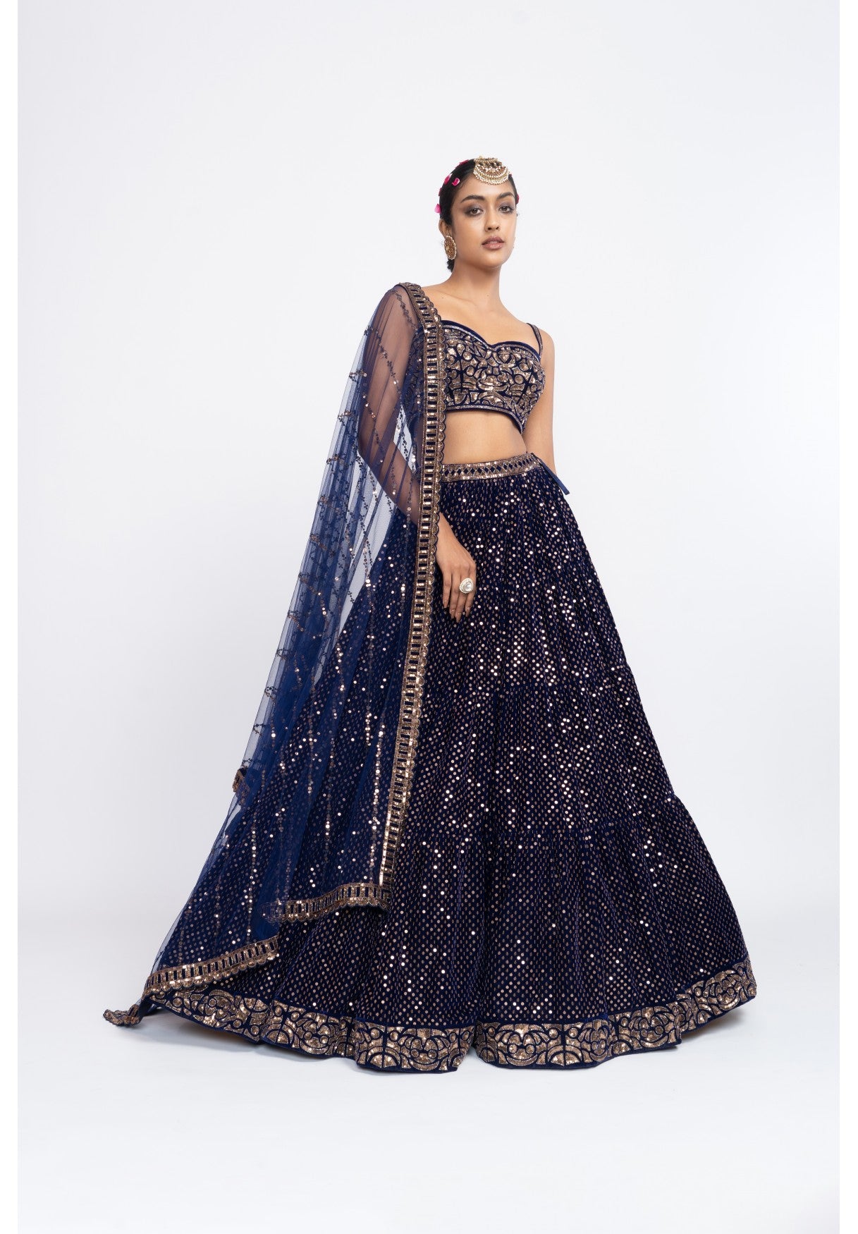 Navy Blue Dense Dot Corset Lehenga Set