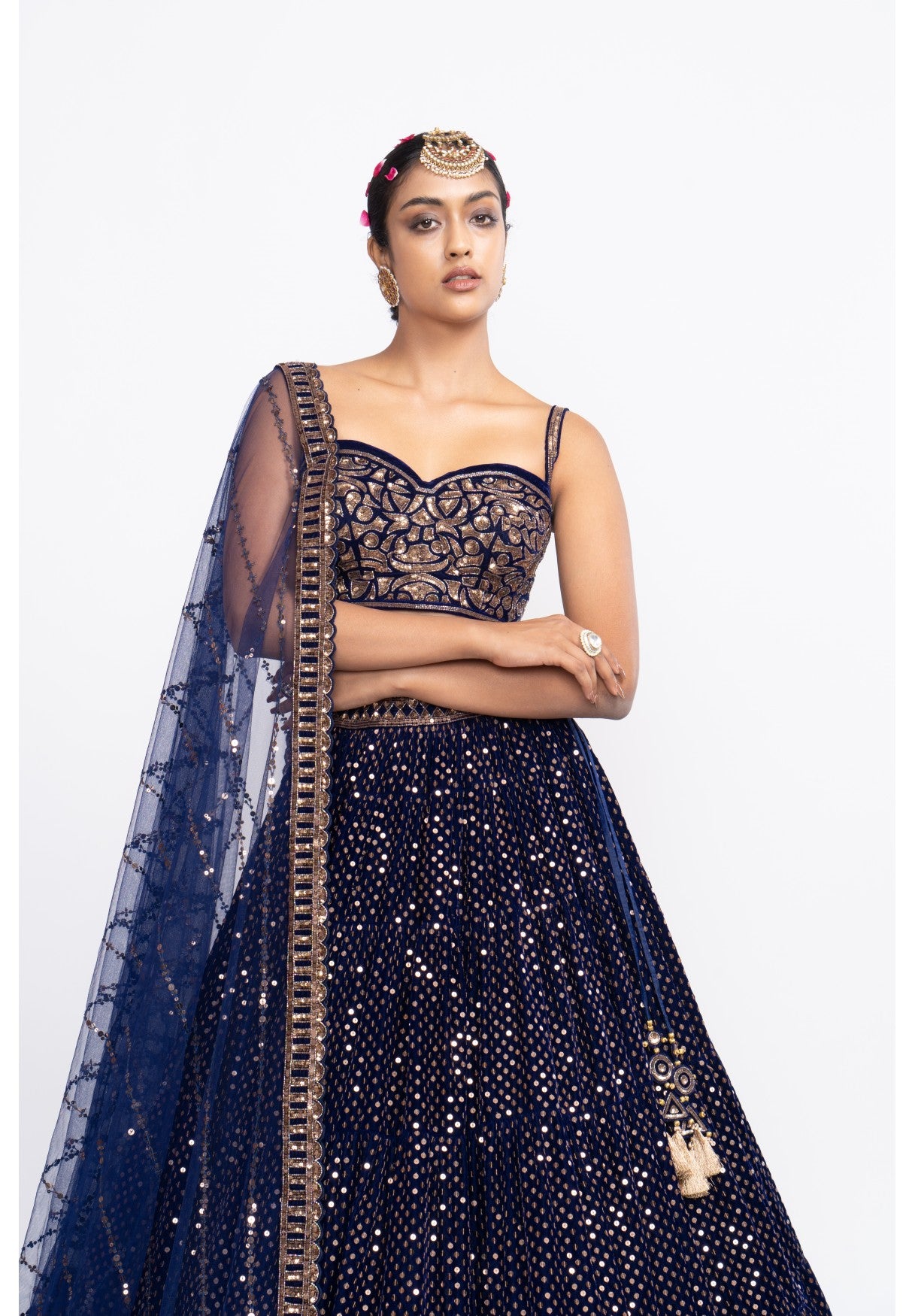 Navy Blue Dense Dot Corset Lehenga Set