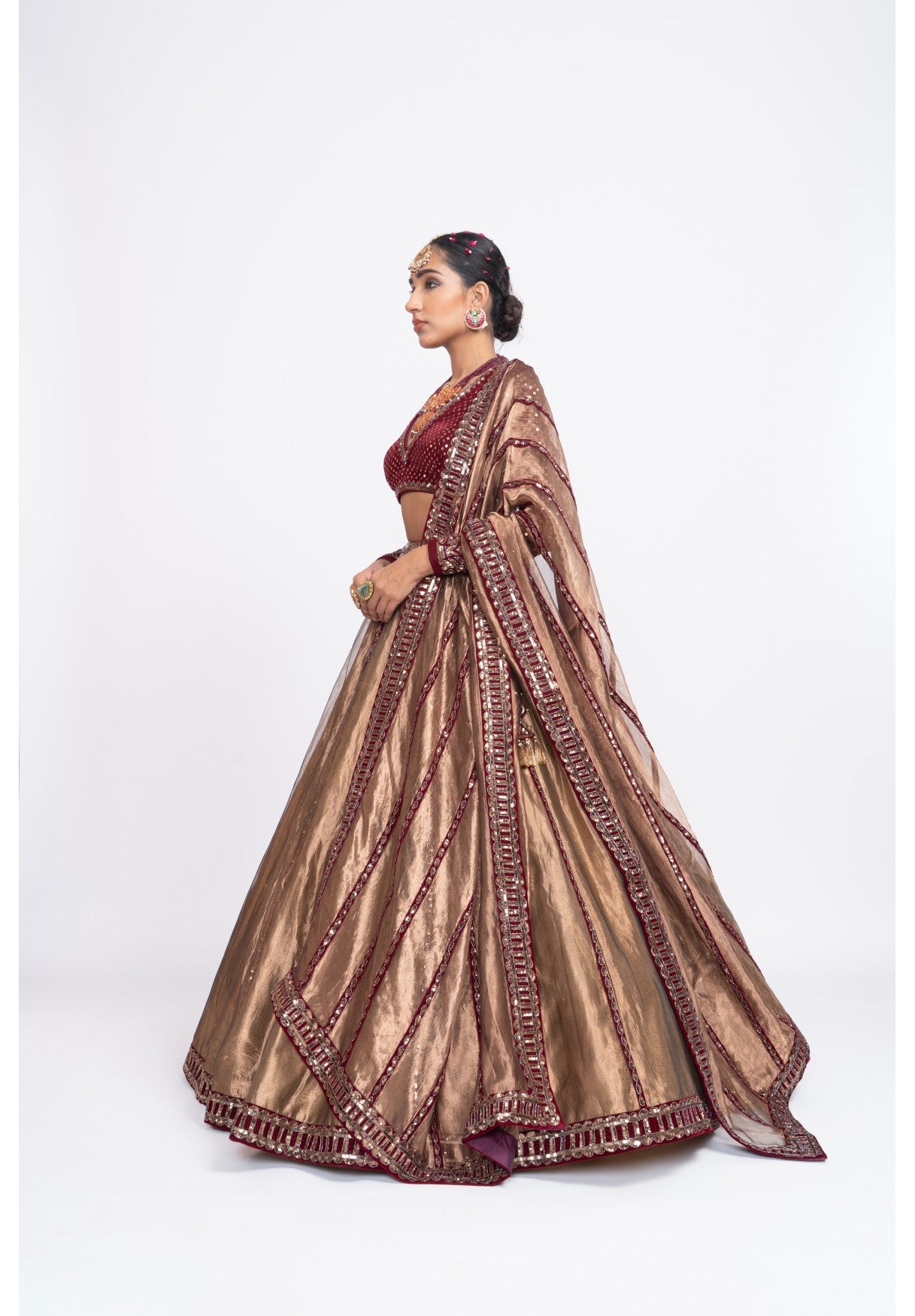 Mahroon And Copper Tissue Lehenga Set