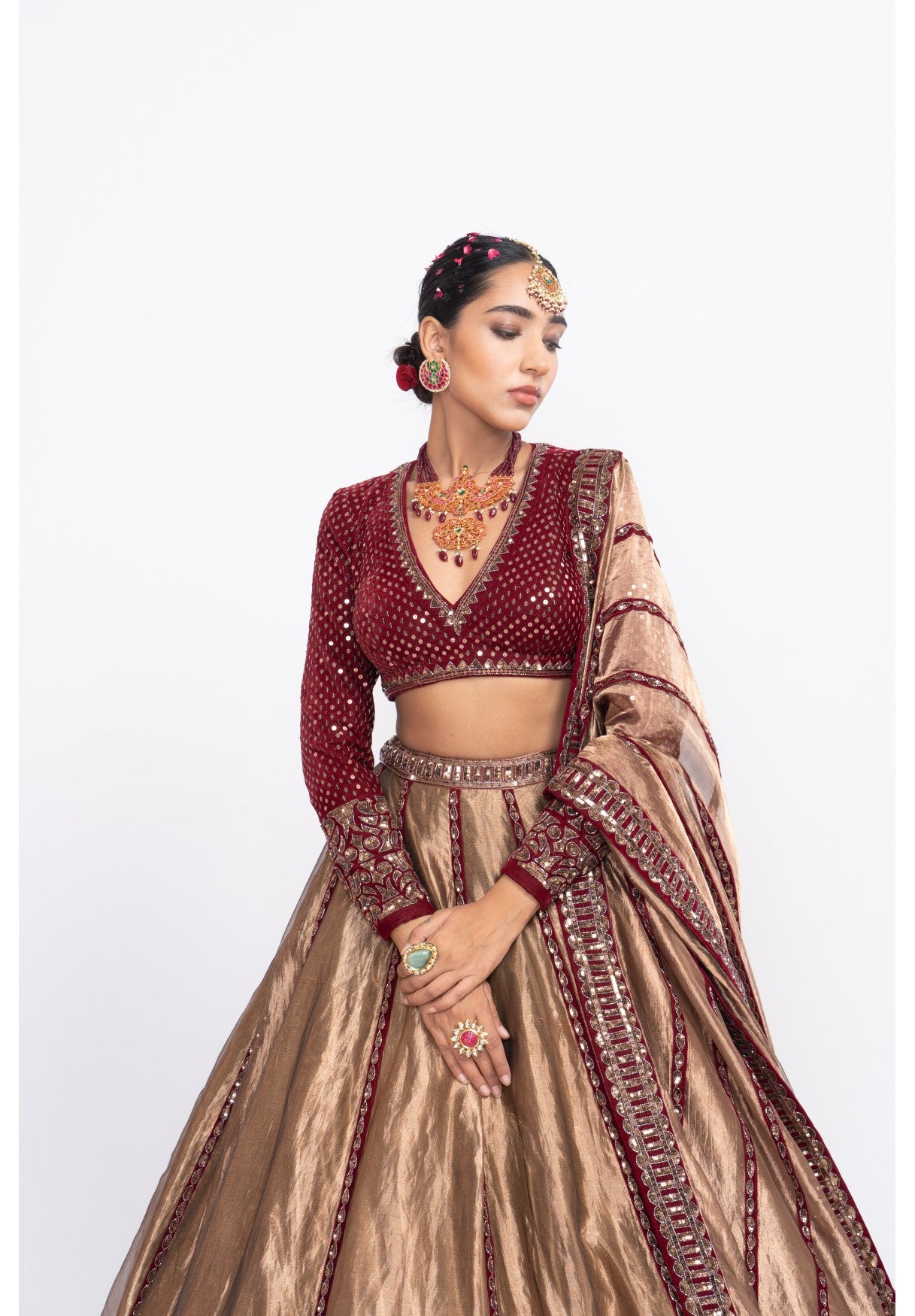 Mahroon And Copper Tissue Lehenga Set
