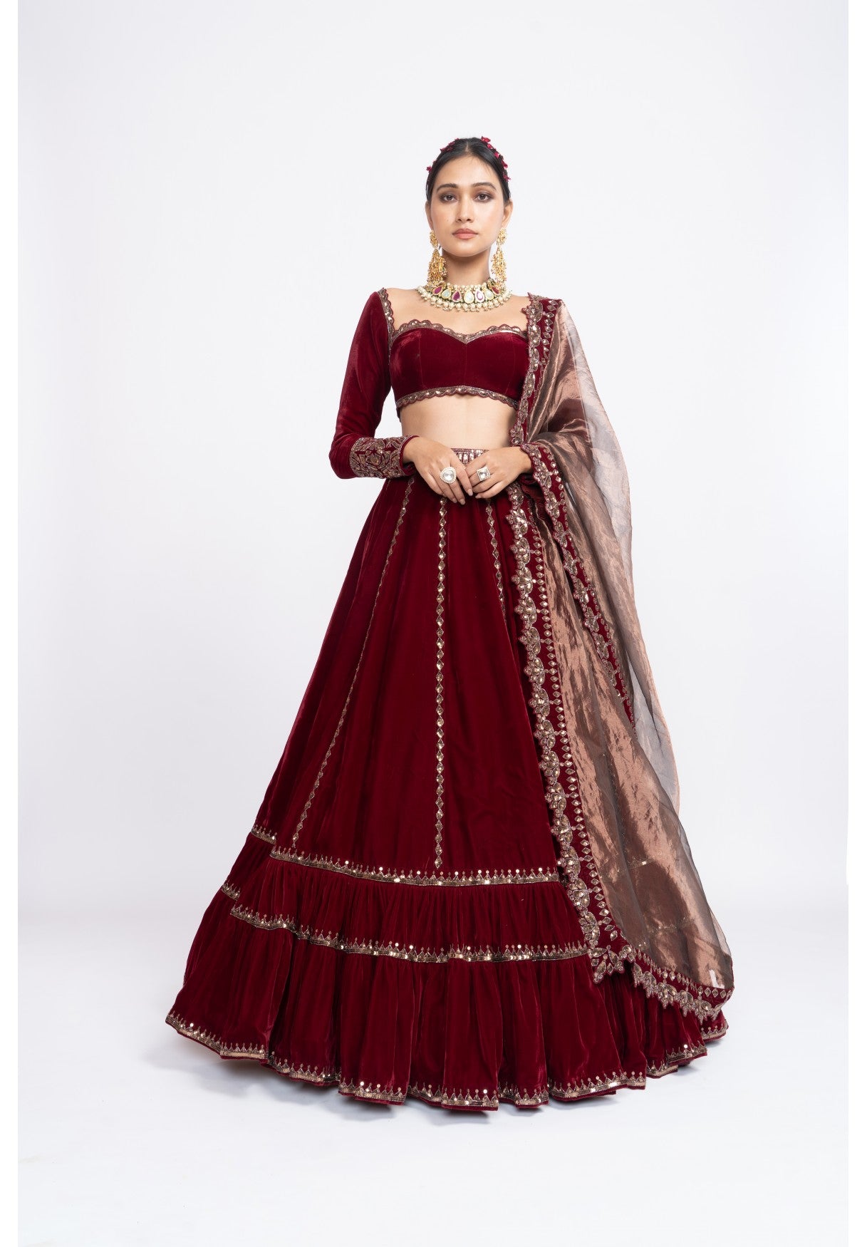 Mahroon Double Tier Lehenga Set
