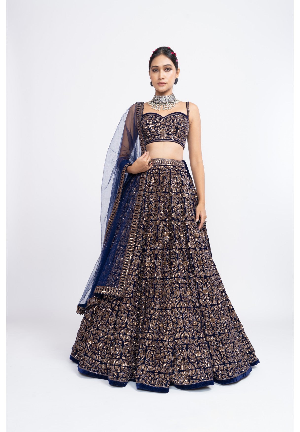 Navy Blue Fully Embroidered Corset Lehenga Set
