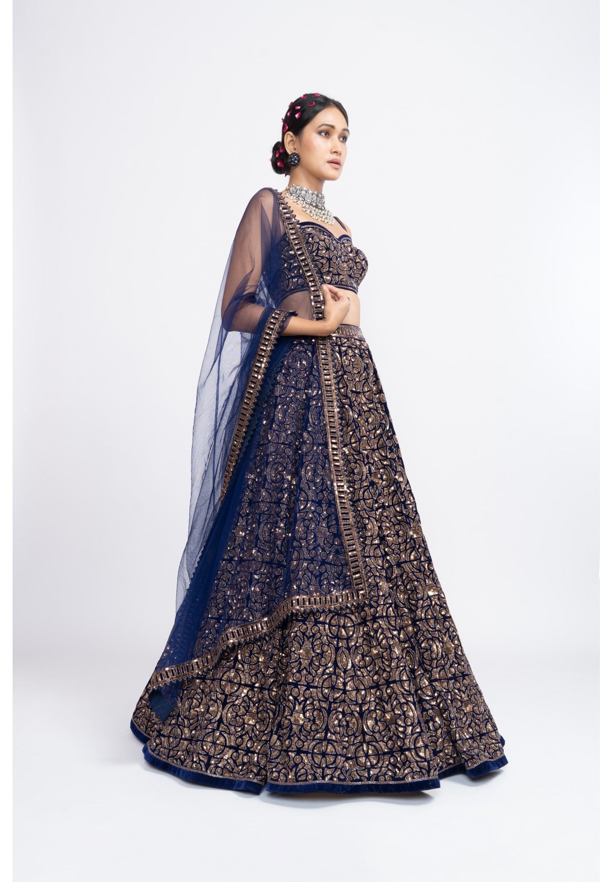 Navy Blue Fully Embroidered Corset Lehenga Set