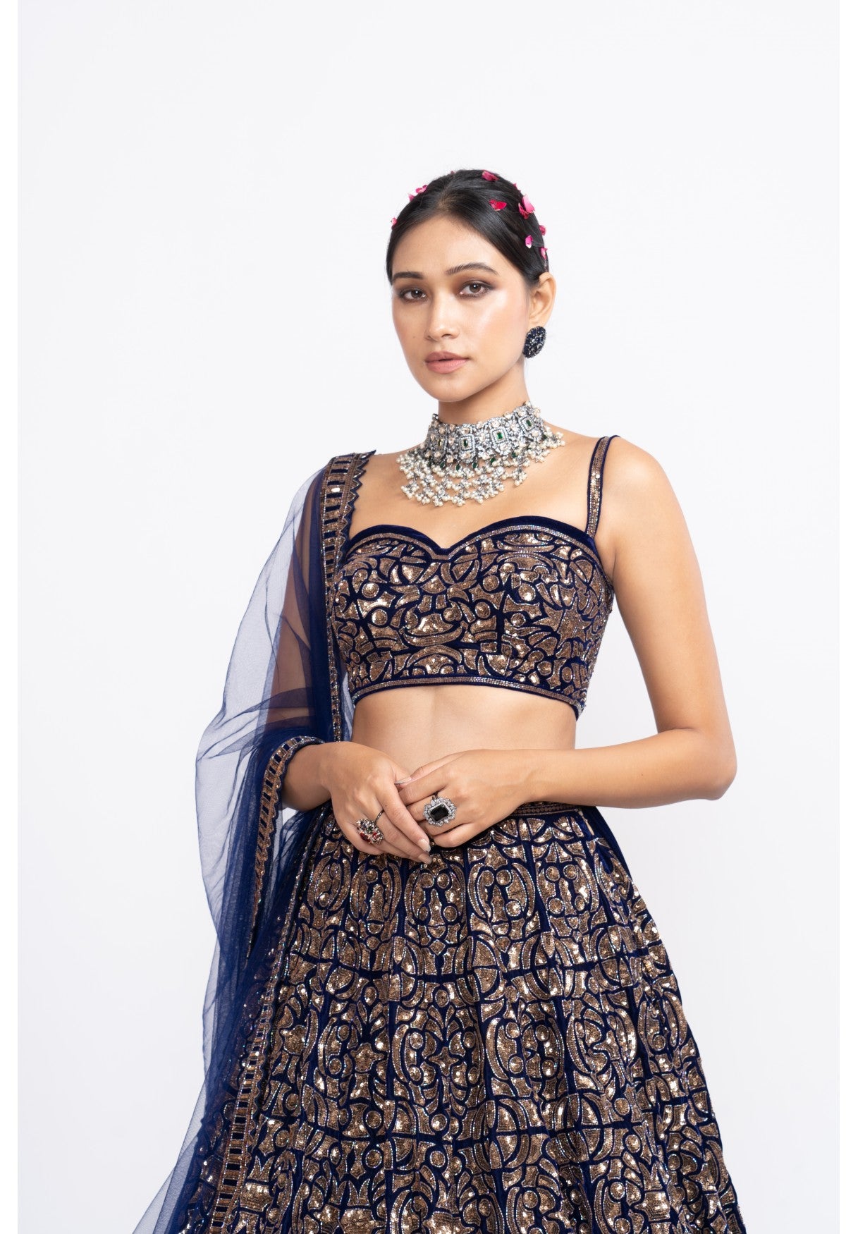 Navy Blue Fully Embroidered Corset Lehenga Set