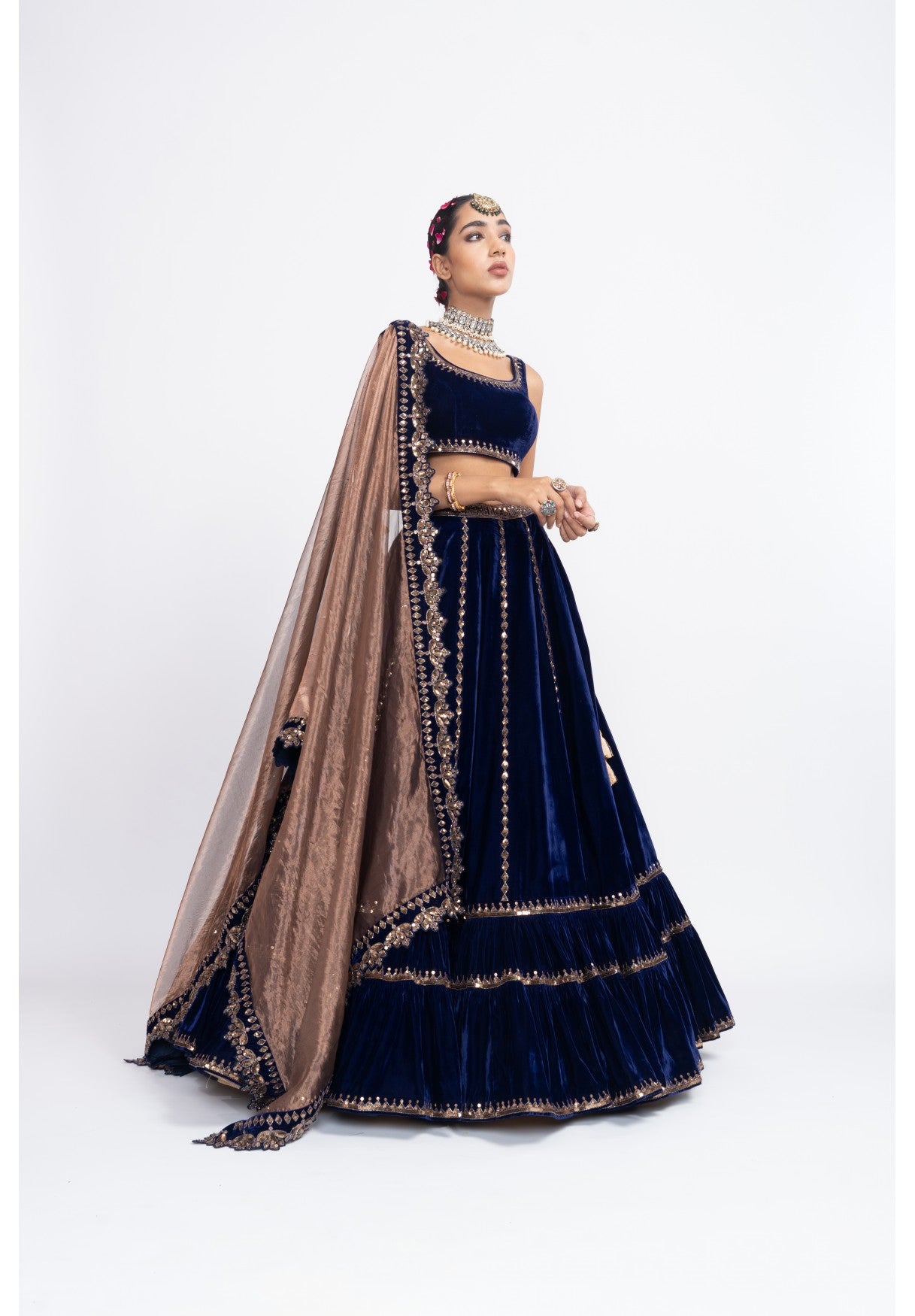 Navy Blue Double Tier Lehenga Set