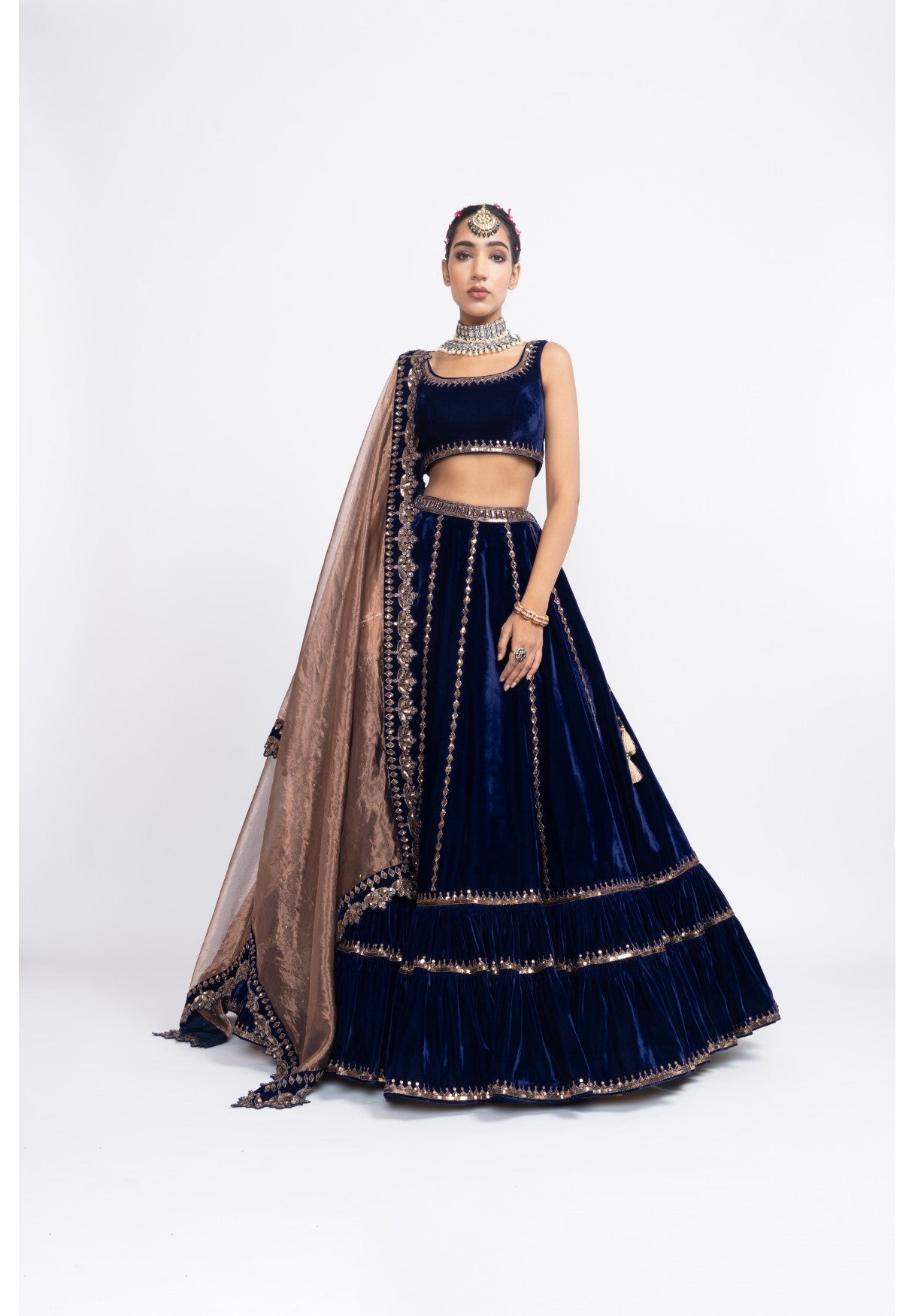 Navy Blue Double Tier Lehenga Set