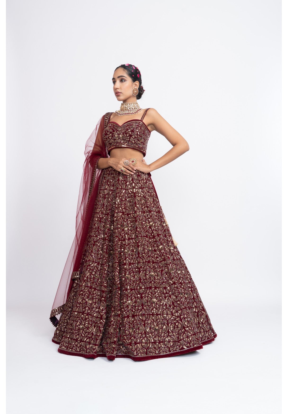 Mahroon Fully Embroidered Corset Lehenga Set