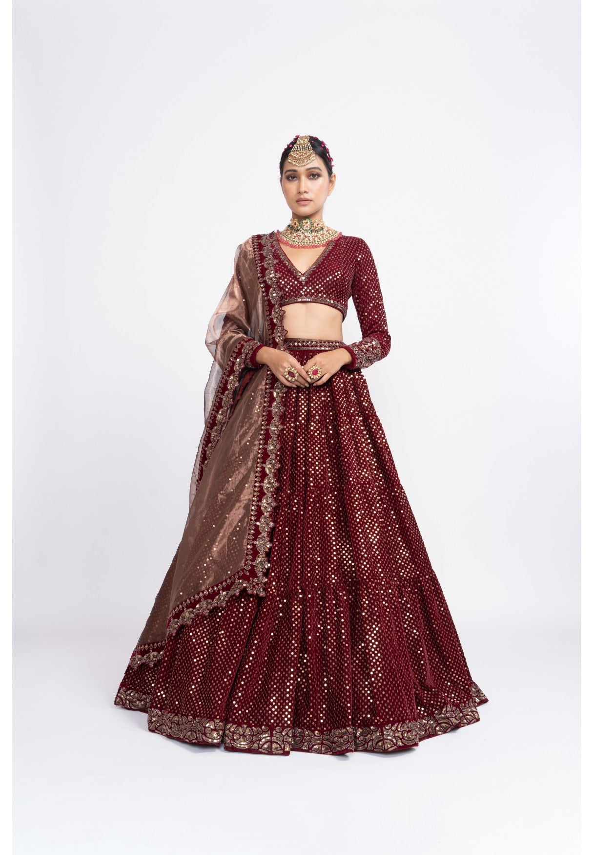 Mahroon Dense Dot Lehenga Set