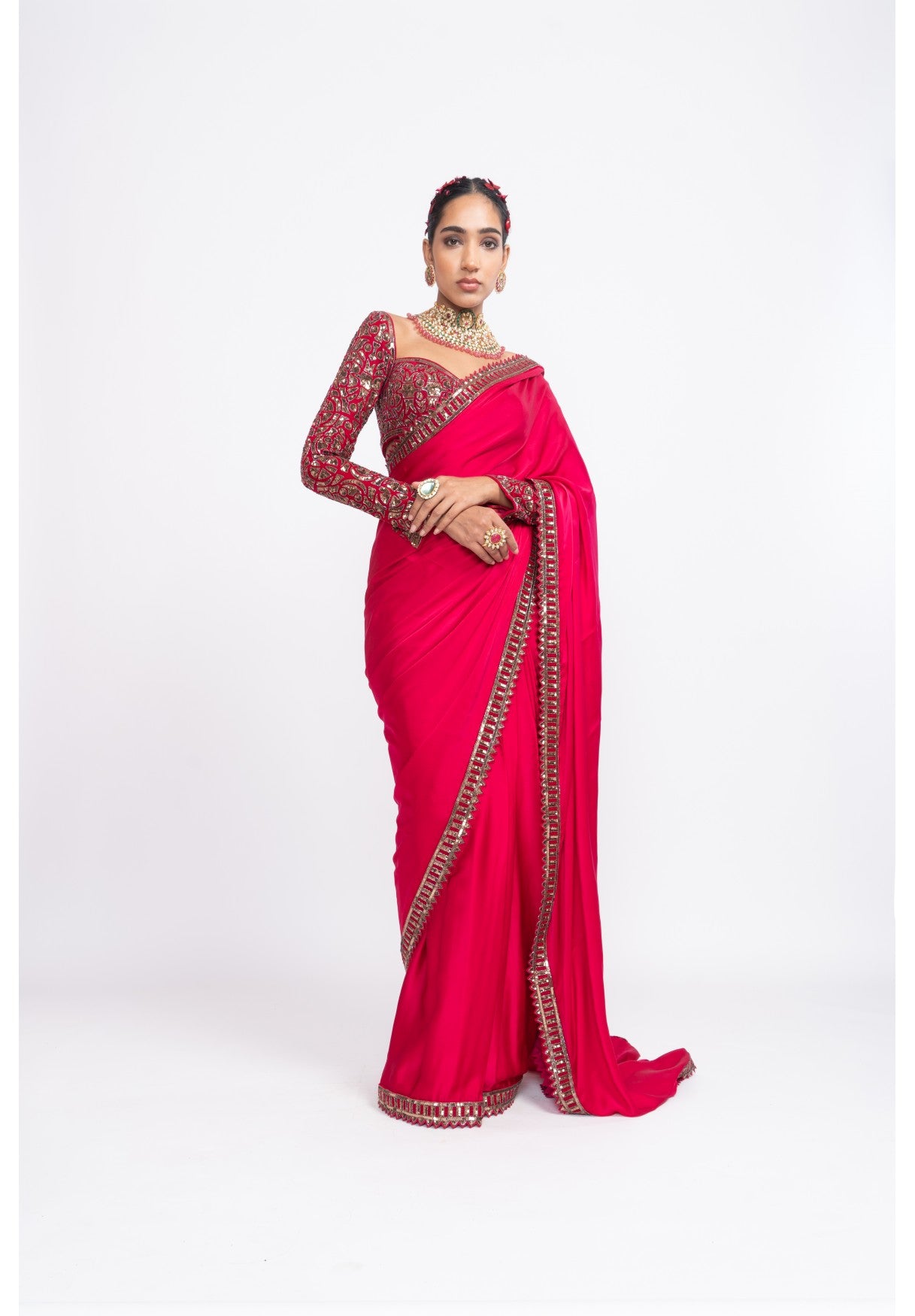 Red Satin Saree Set