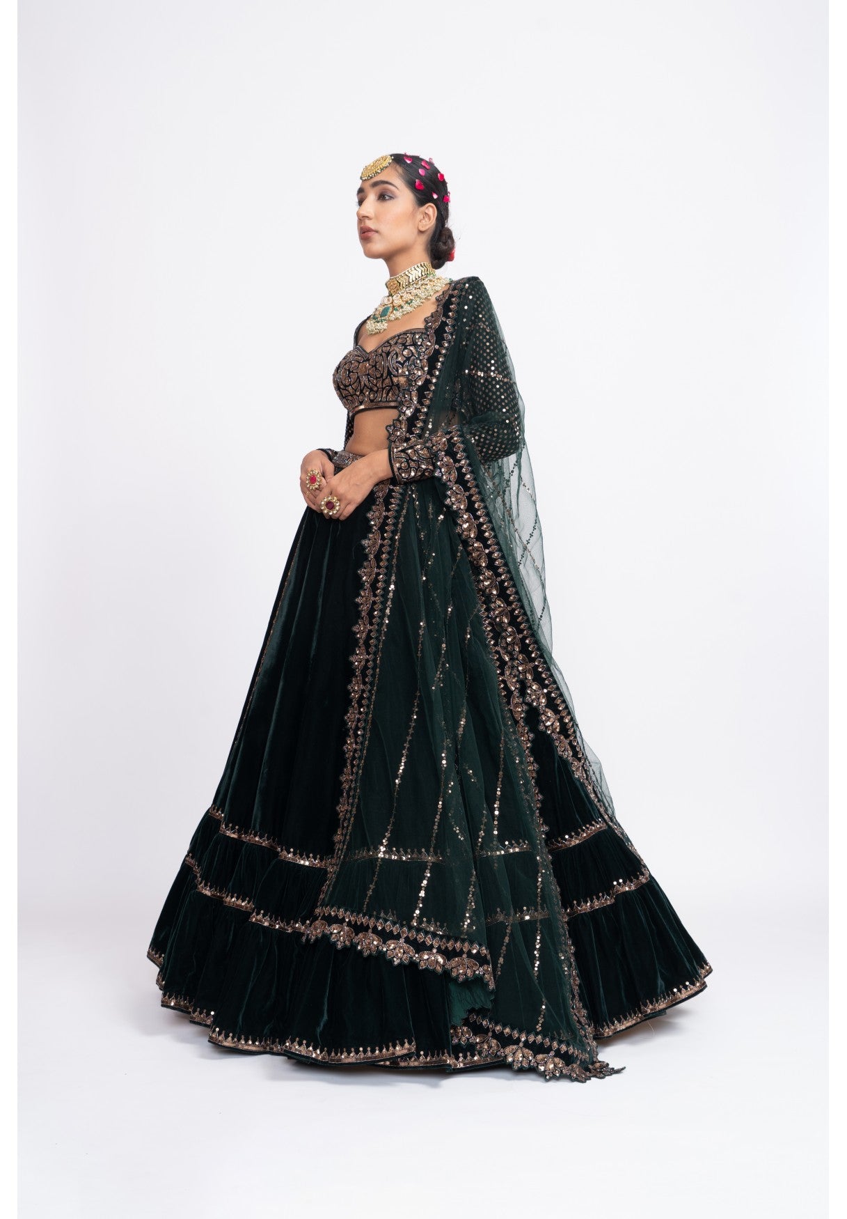 Deep Green Double Tier Lehenga Set