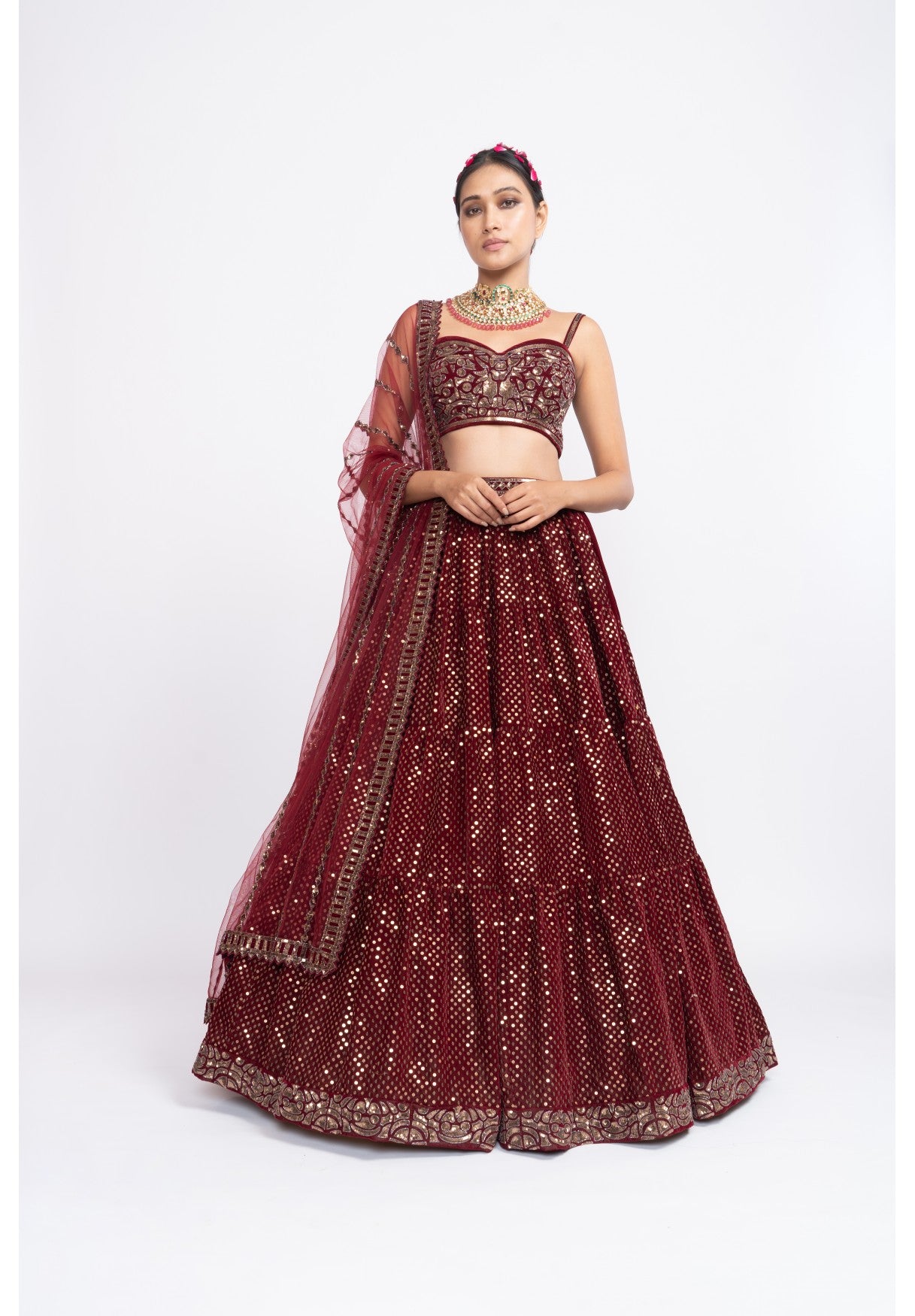 Mahroon Dense Dot Corset Lehenga Set