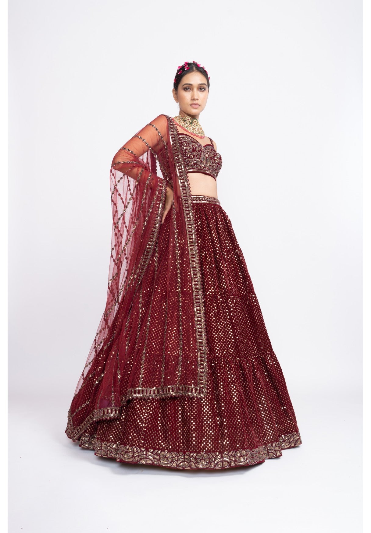 Mahroon Dense Dot Corset Lehenga Set