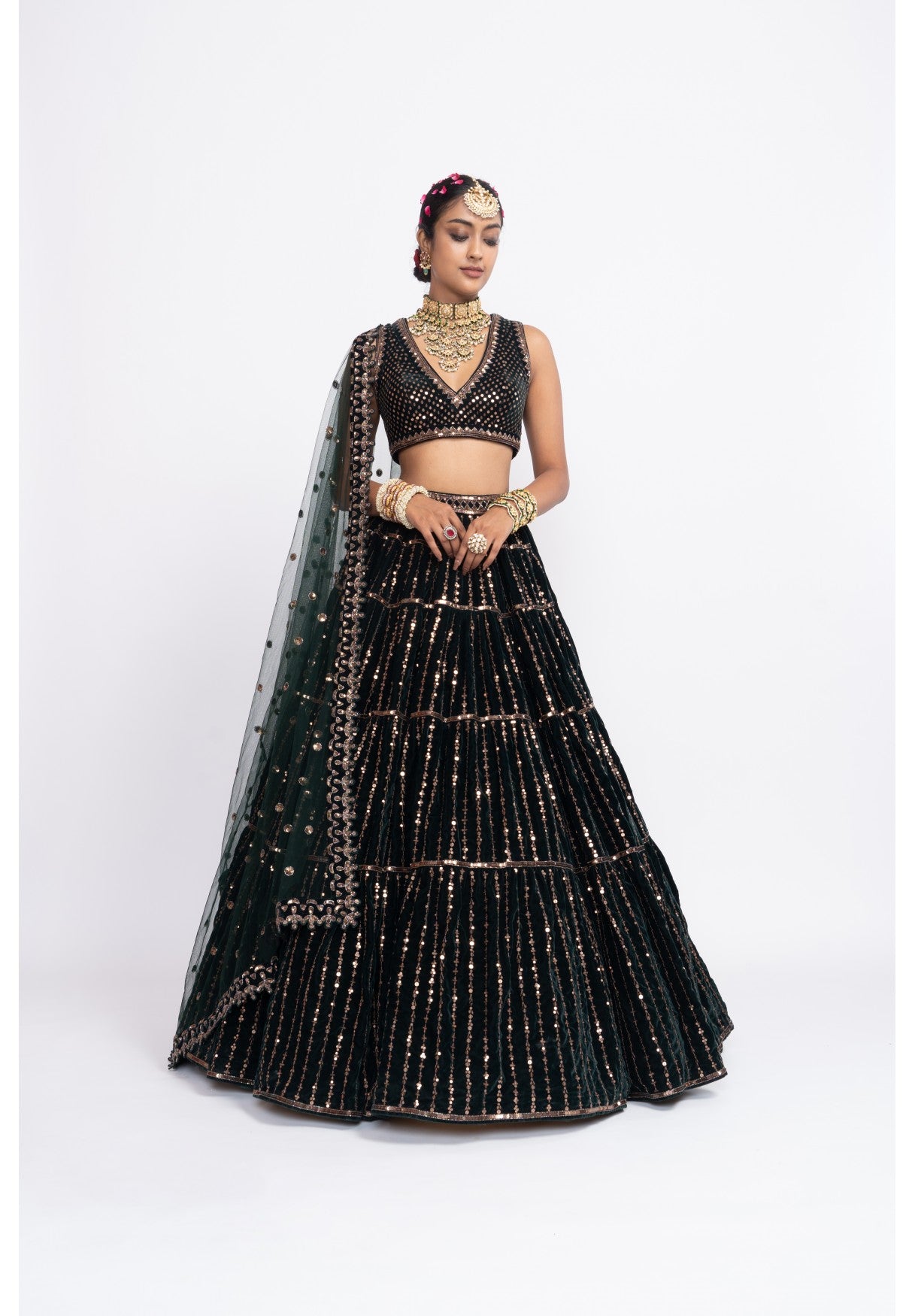 Deep Green Full Tier Lehenga Set