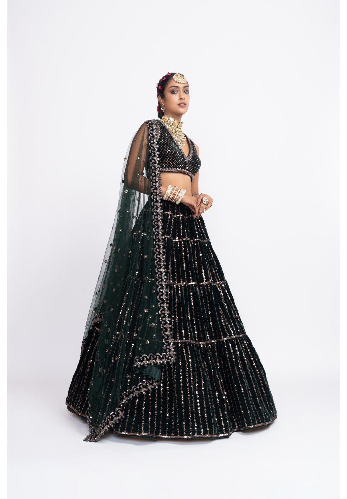 Deep Green Full Tier Lehenga Set