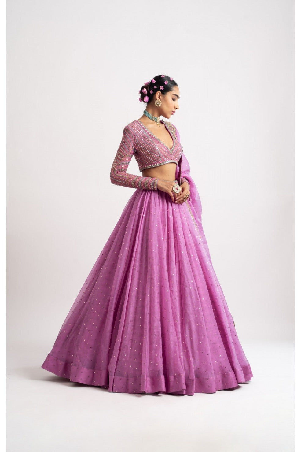 Dark Blush Silk Organza Lehenga Set