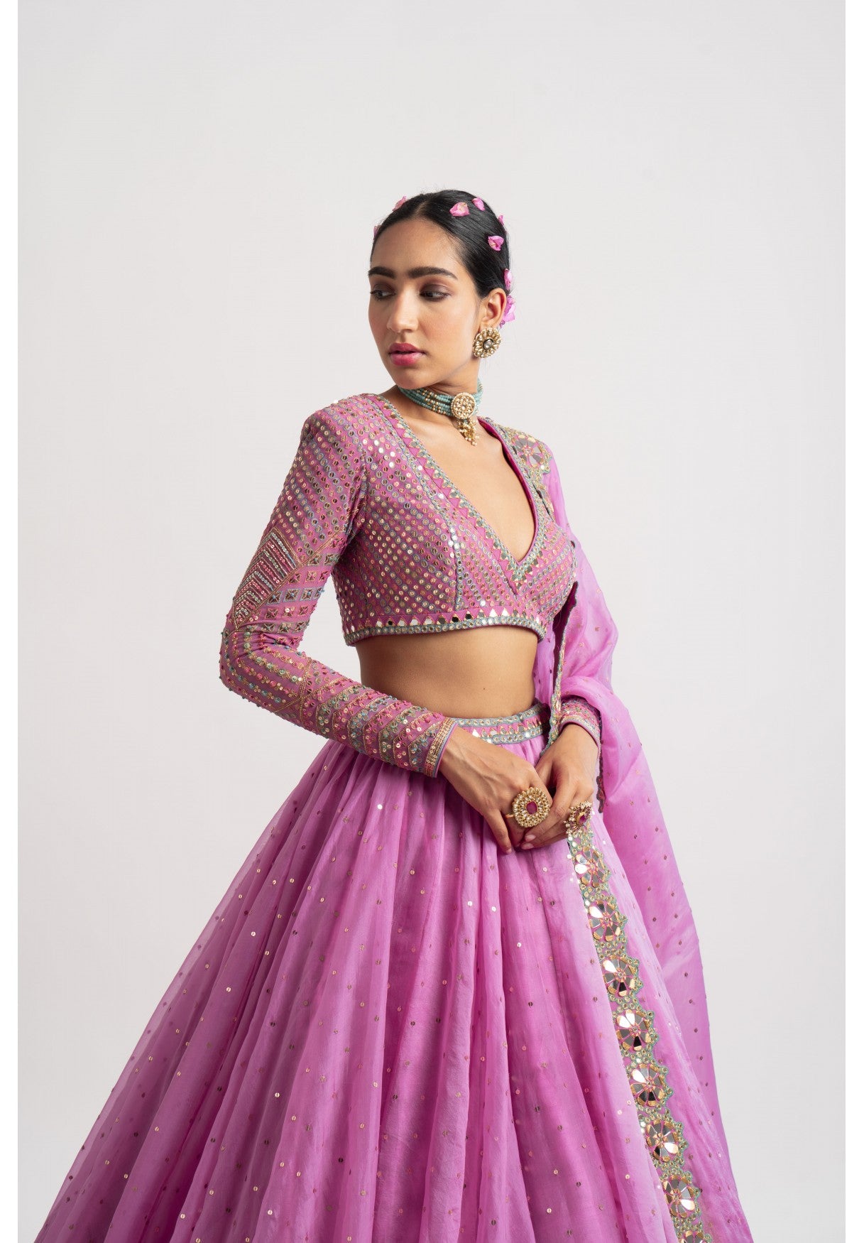 Dark Blush Silk Organza Lehenga Set