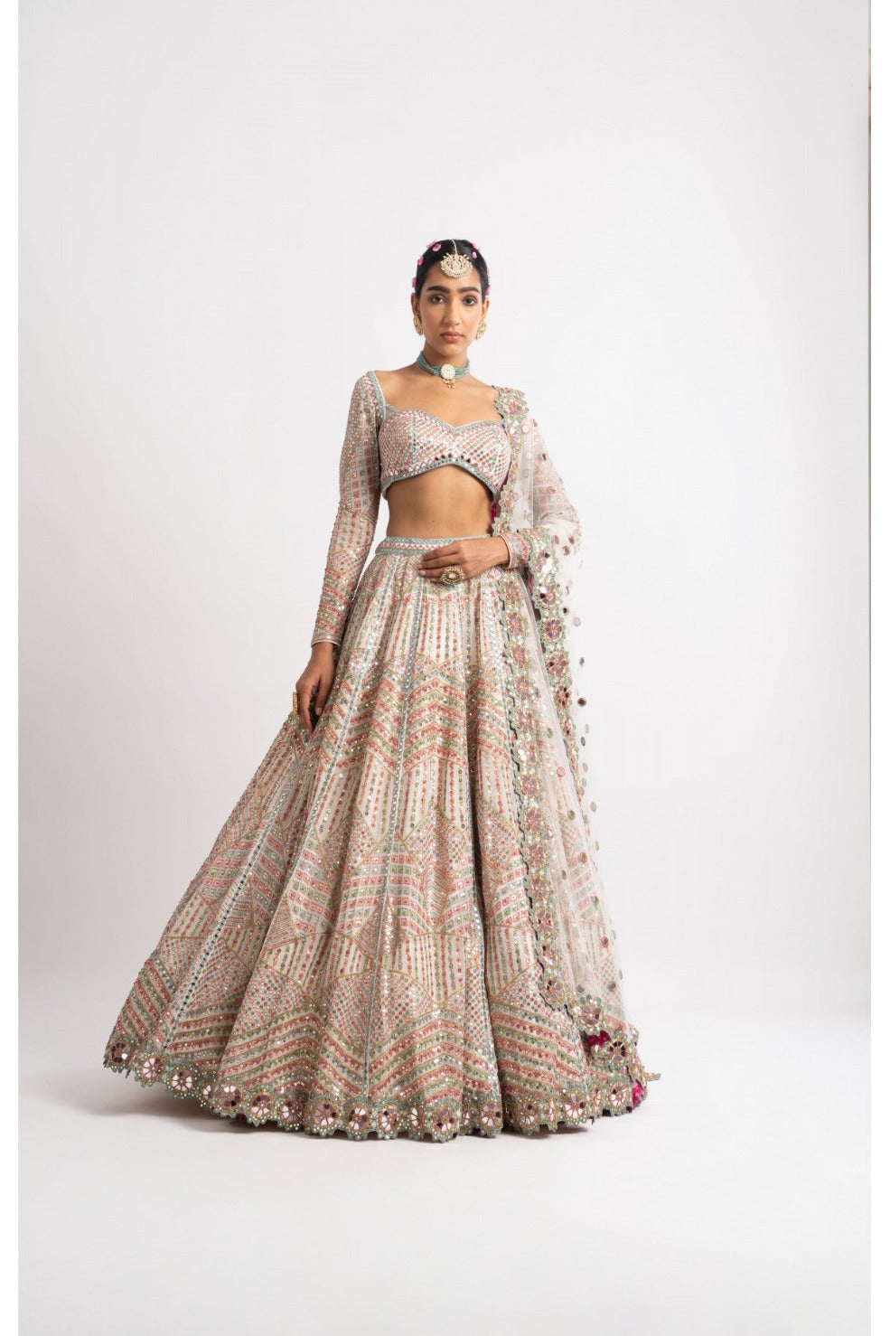 White Heavy Multi Geo Color Lehenga Set