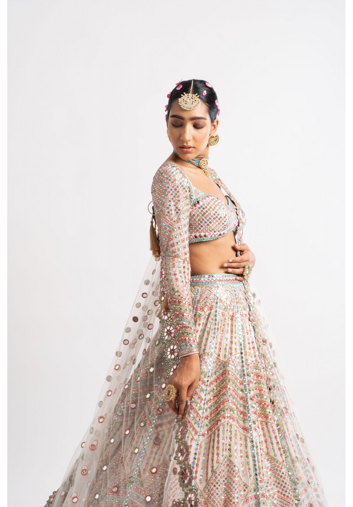 White Heavy Multi Geo Color Lehenga Set