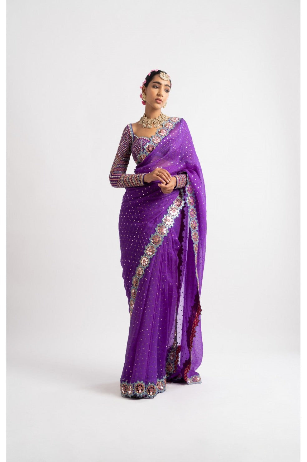 Purple Hand Cut Mirror Border Saree Set