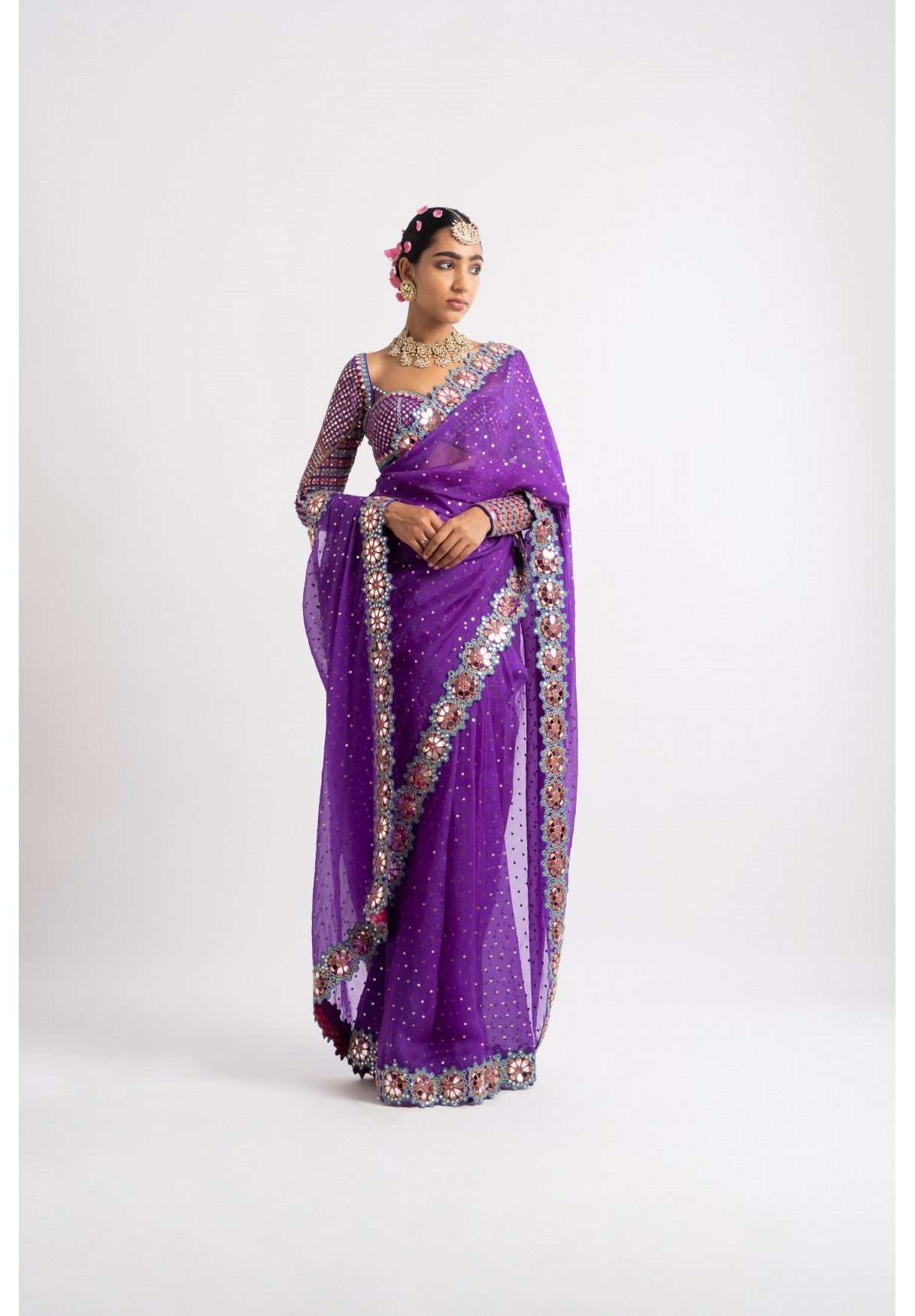 Purple Hand Cut Mirror Border Saree Set