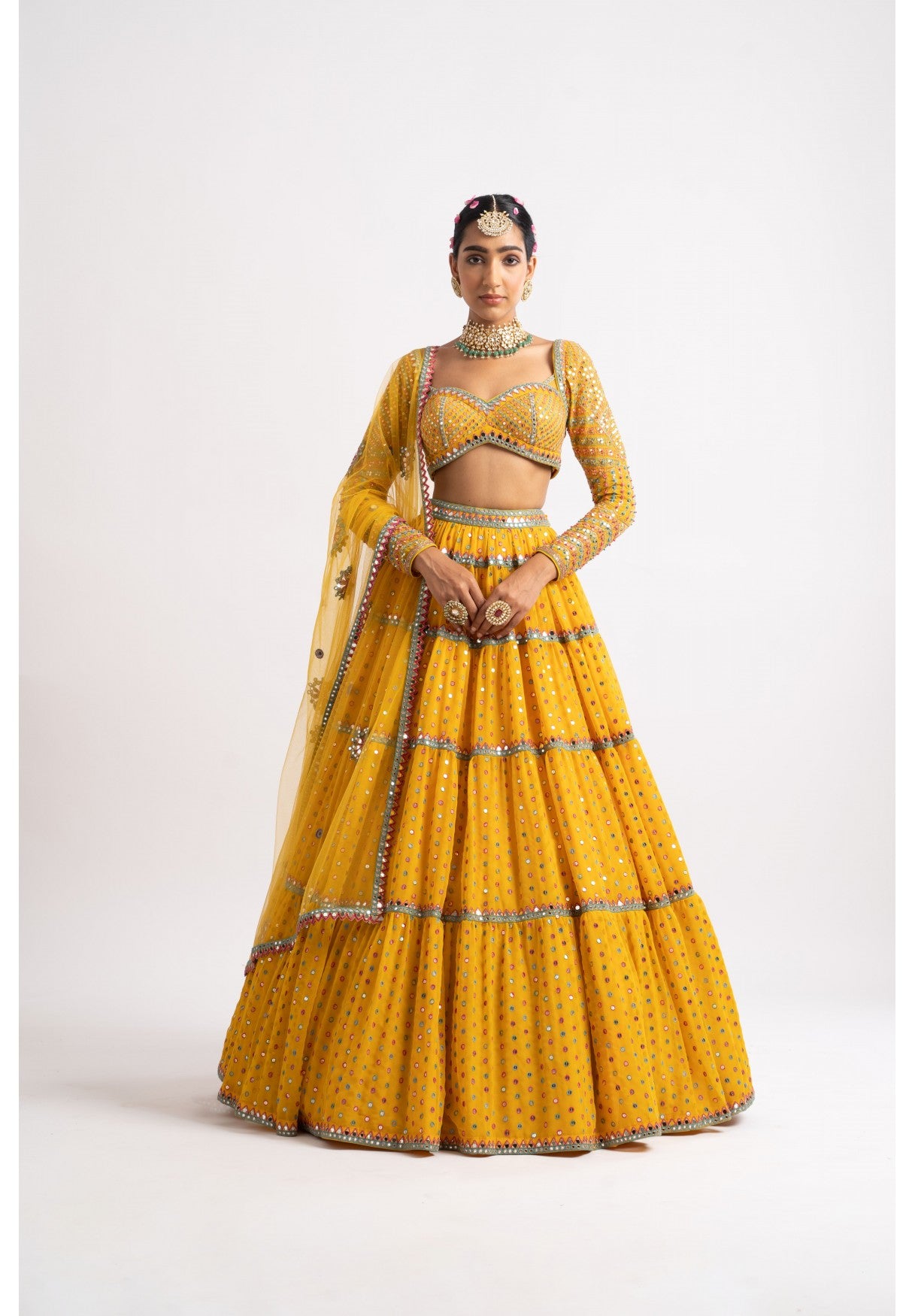 Yellow Multi Tier Multi Color Lehenga Set