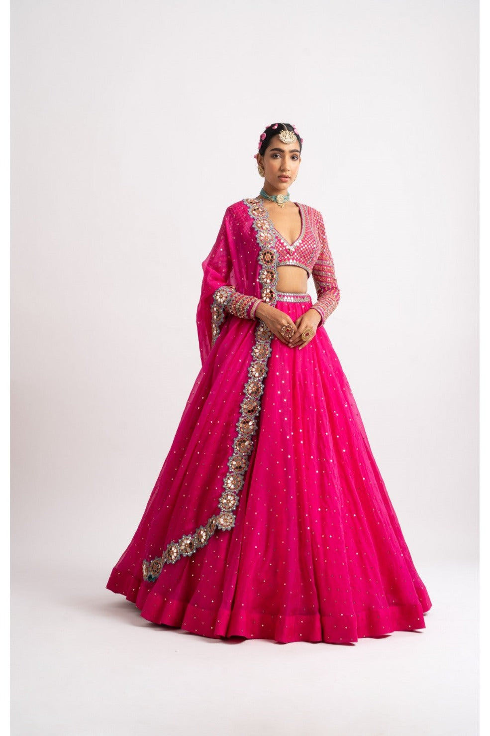 Fuschia Silk Organza Lehenga Set