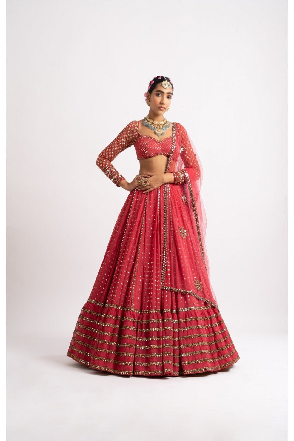 Deep Coral Single Tier Lehenga Set