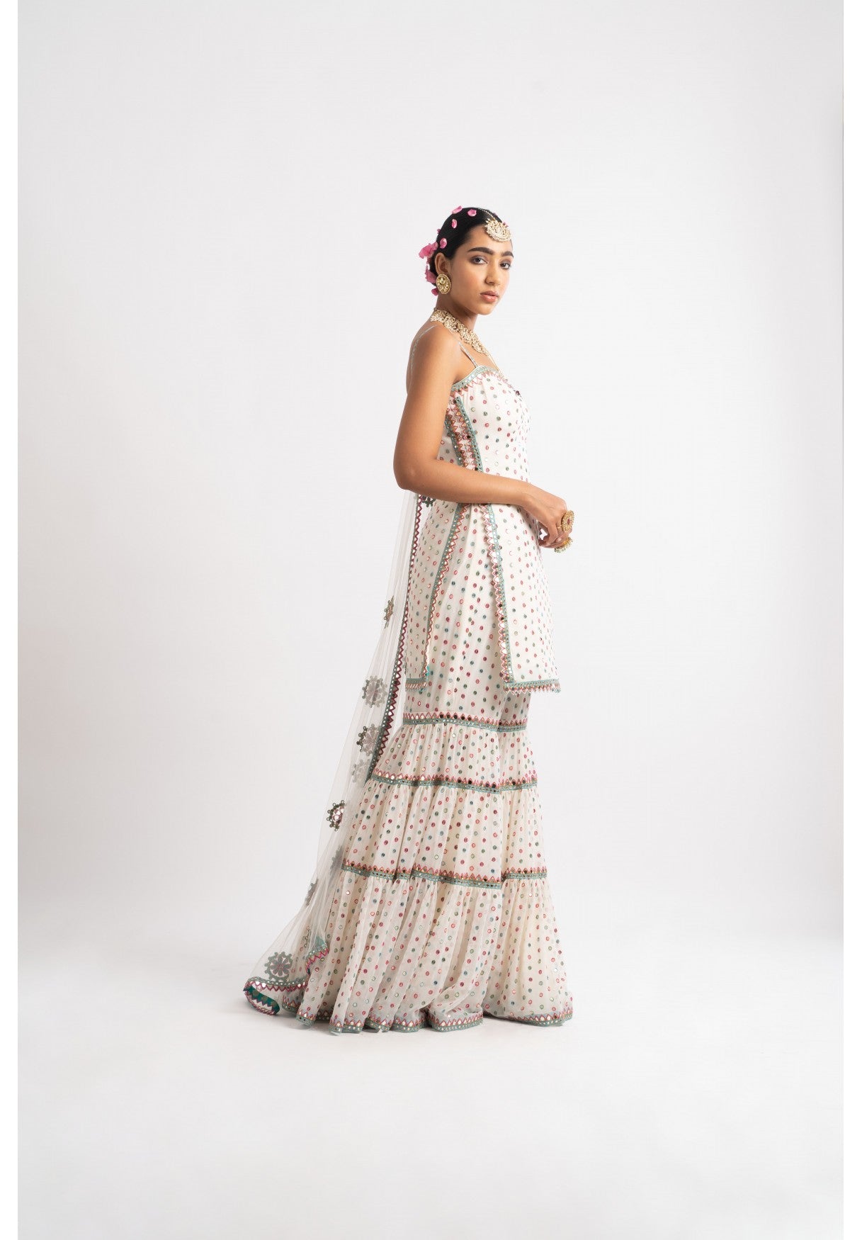 White Multi Tier Multi Color Sharara Set