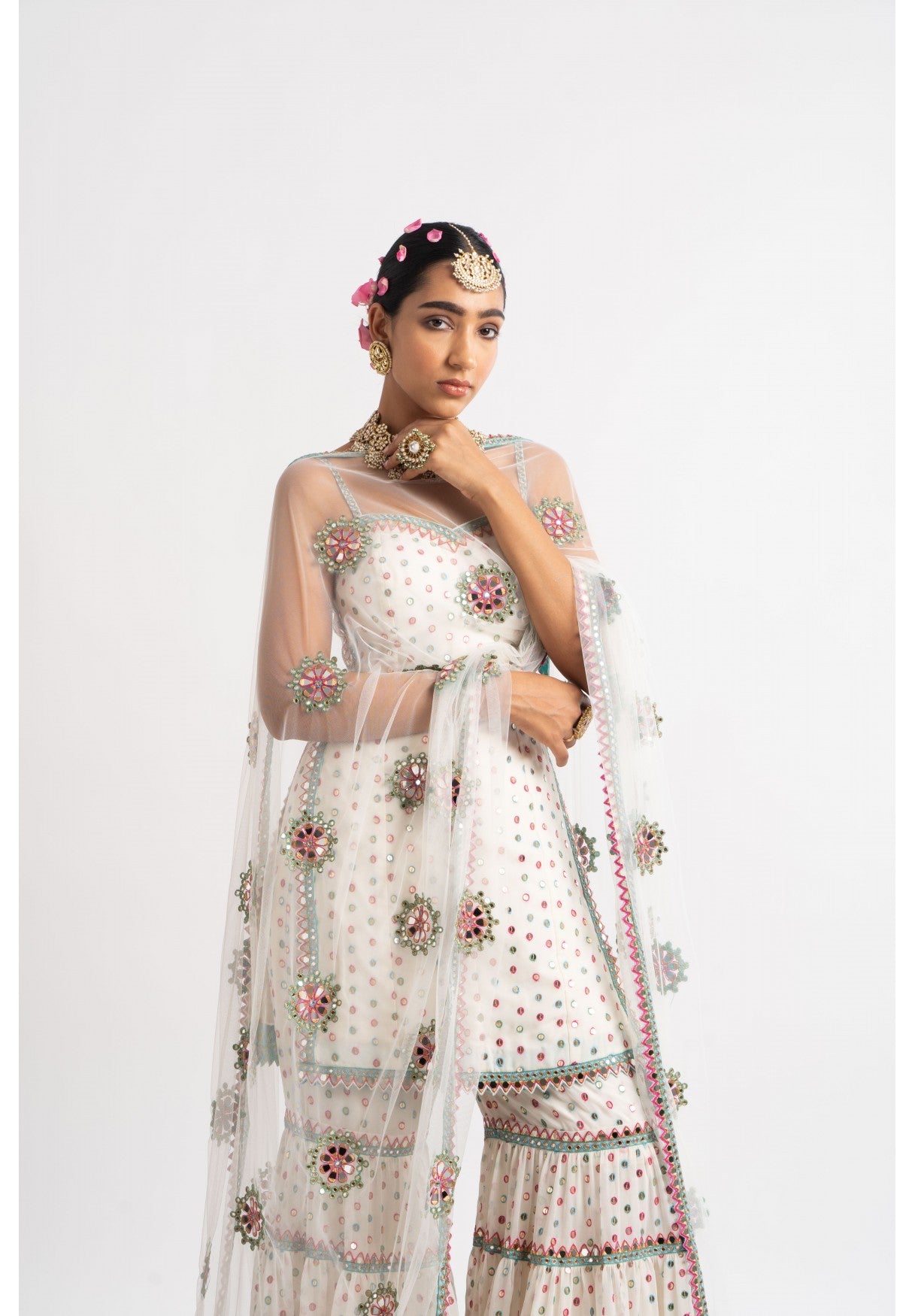 White Multi Tier Multi Color Sharara Set