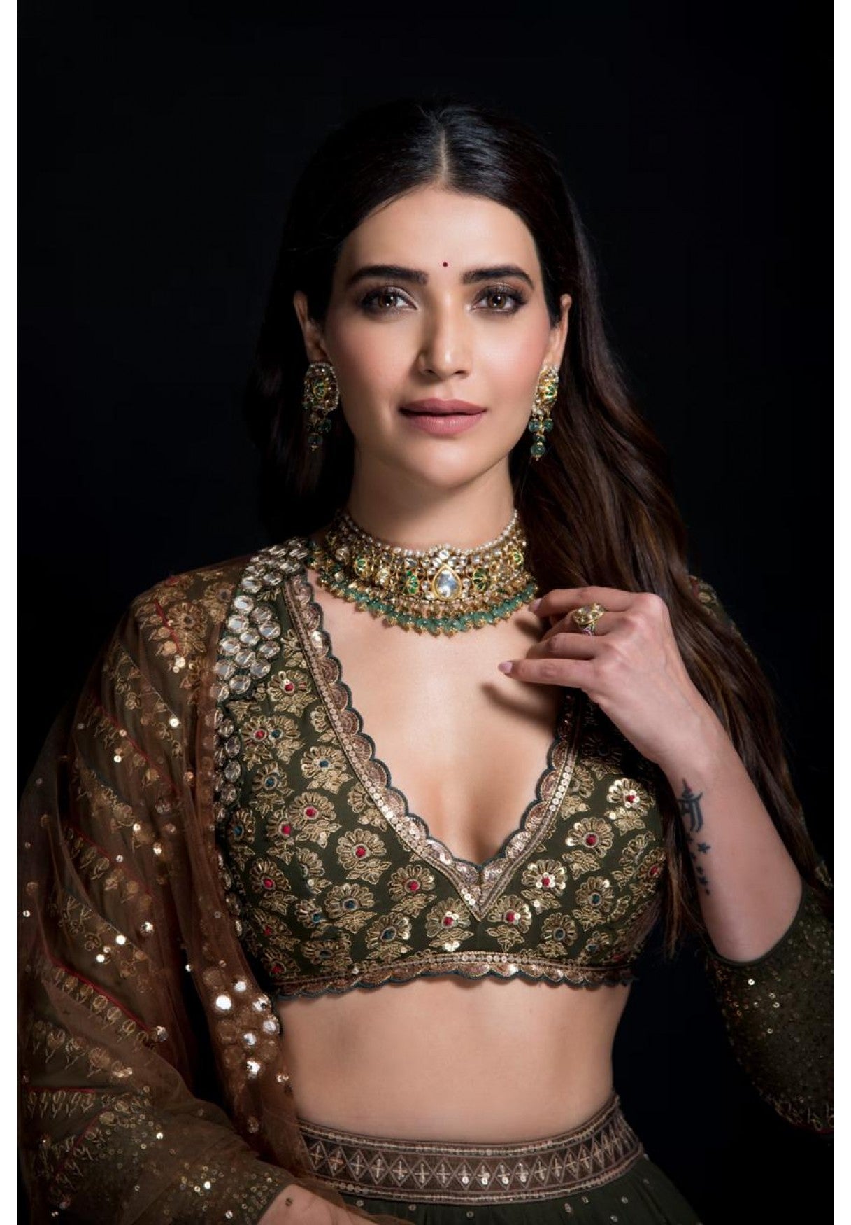 Olive Green Tier Lehenga Set