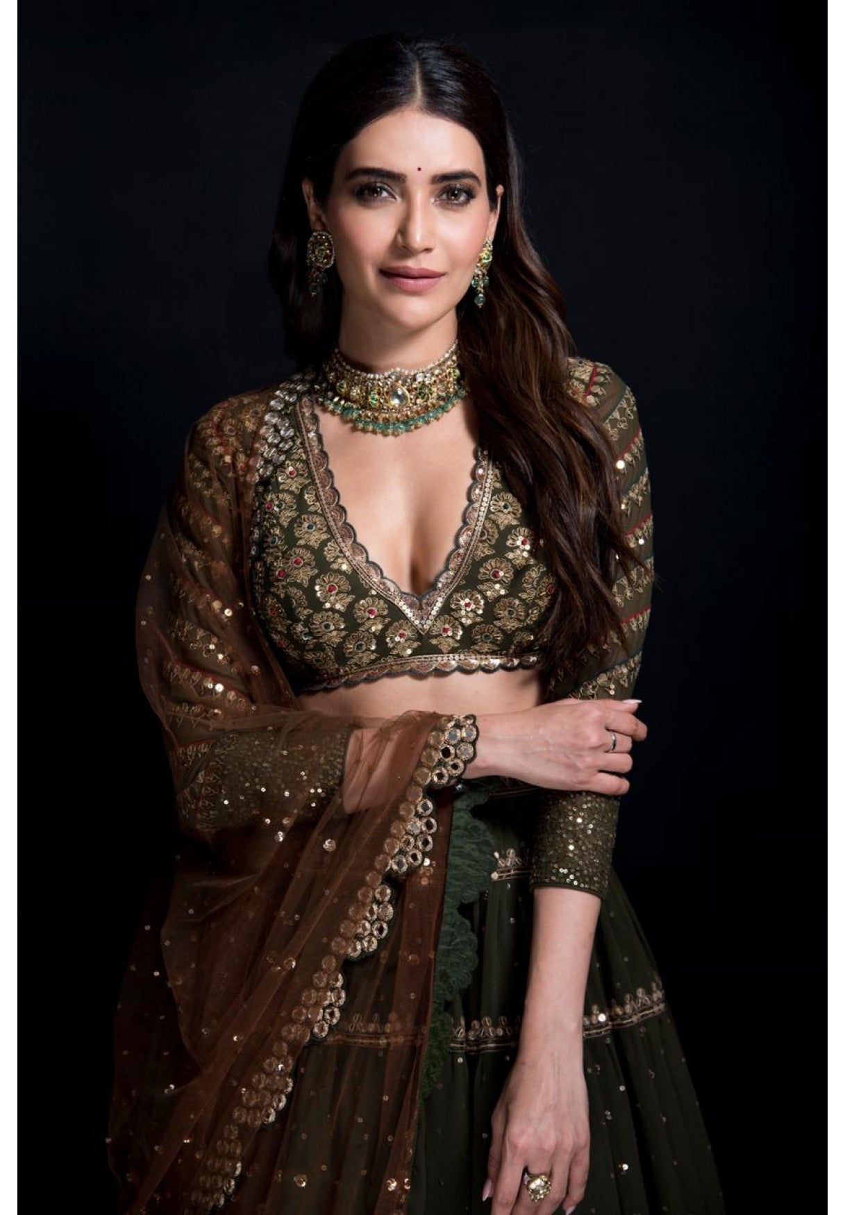 Olive Green Tier Lehenga Set