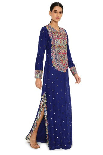 Adira Midnight Blue Colour Mukaish Silk Embroidered Kaftan