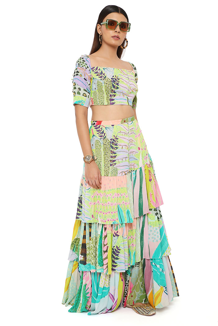 AGNES TROPICAL PRINT GEORGETTE EMBROIDERED TOP WITH LAYERED FRONT SLIT SKIRT