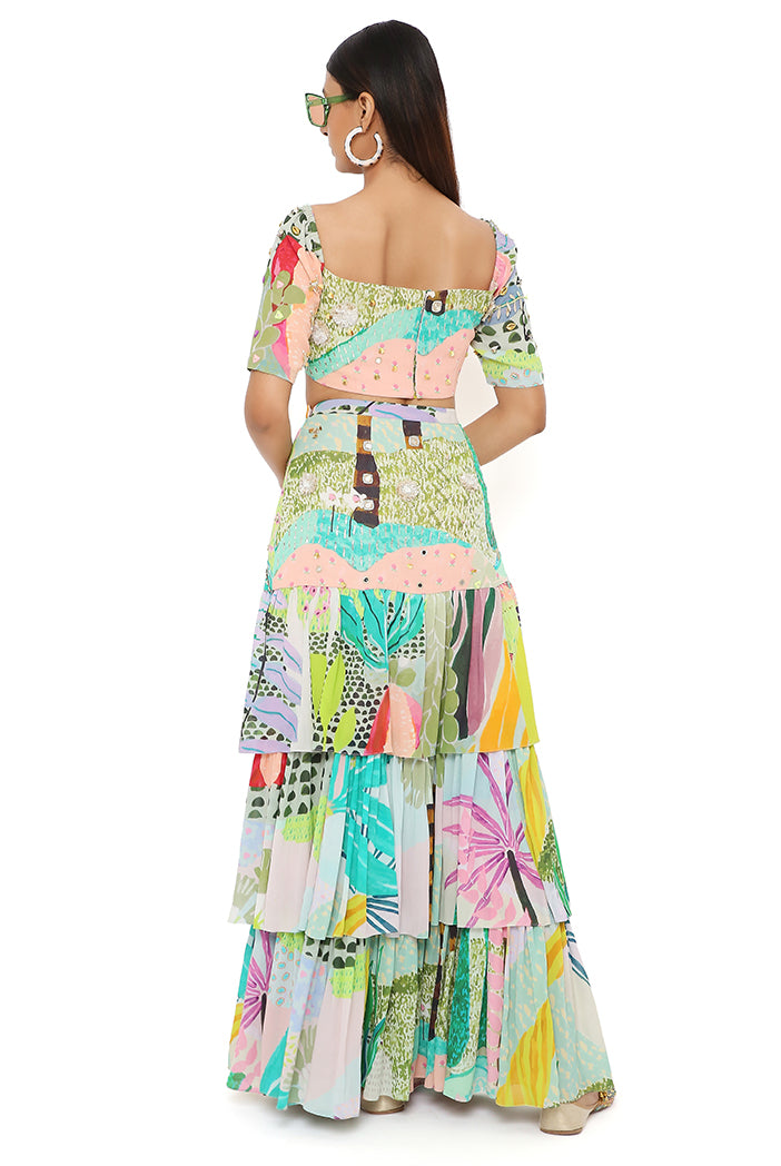 AGNES TROPICAL PRINT GEORGETTE EMBROIDERED TOP WITH LAYERED FRONT SLIT SKIRT