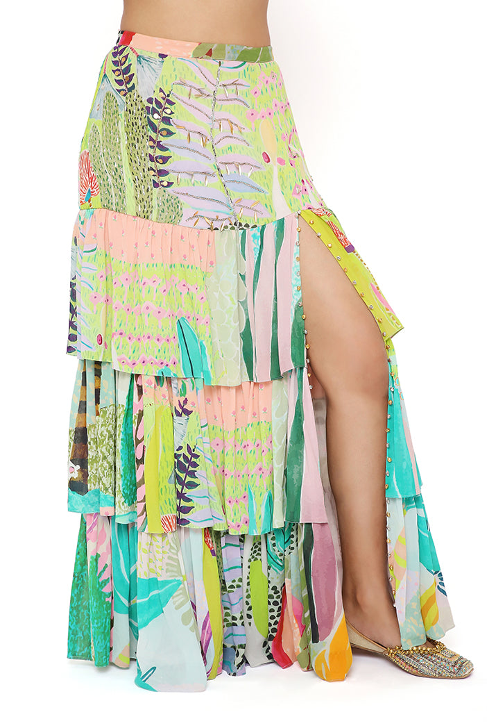 AGNES TROPICAL PRINT GEORGETTE EMBROIDERED TOP WITH LAYERED FRONT SLIT SKIRT