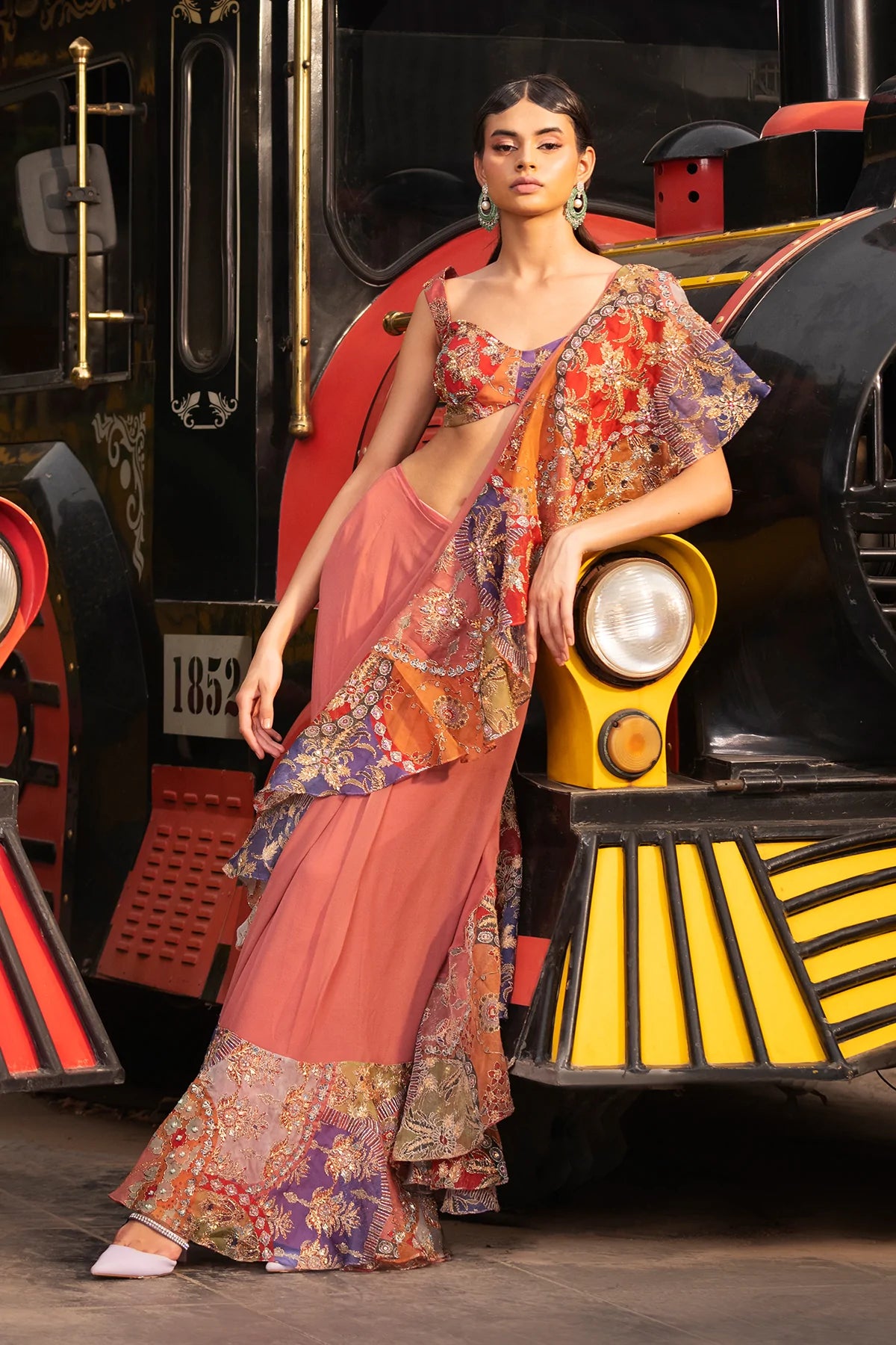 ESHA - Tropical Peach Juna Organza Printed And Embellished Ruffle Saree And Blouse
