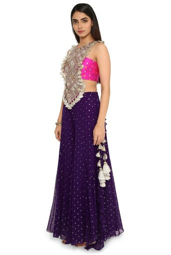 Alaine Hot Pink Colour Georgette Yoke Embroidered Bandhani Bustier And Purple Georgette Frill Sharara