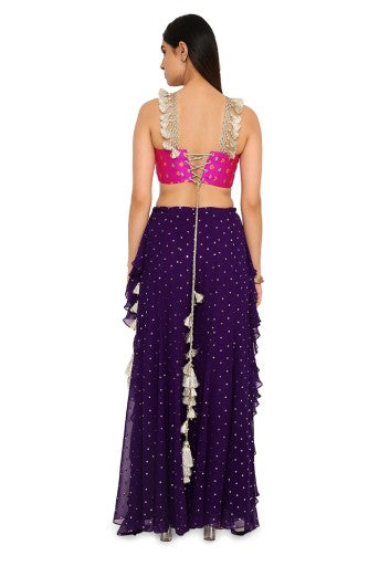 Alaine Hot Pink Colour Georgette Yoke Embroidered Bandhani Bustier And Purple Georgette Frill Sharara