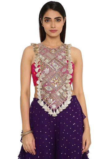 Alaine Hot Pink Colour Georgette Yoke Embroidered Bandhani Bustier And Purple Georgette Frill Sharara