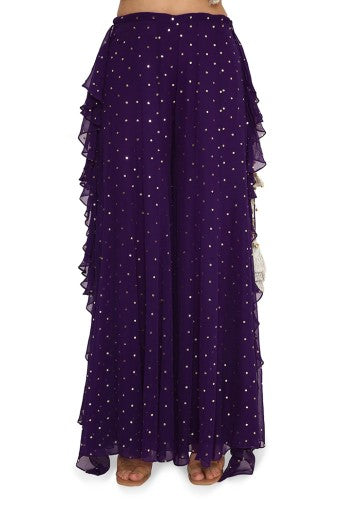 Alaine Hot Pink Colour Georgette Yoke Embroidered Bandhani Bustier And Purple Georgette Frill Sharara