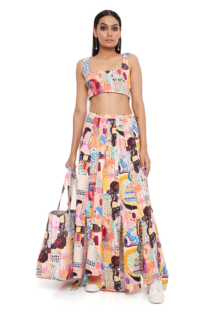 ALECIA TRANCE PRINT DENIM TOP WITH A HIGH LOW SKIRT