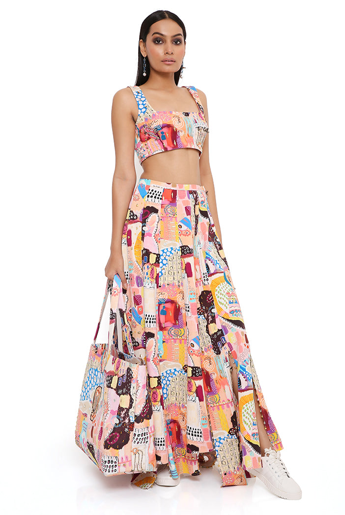 ALECIA TRANCE PRINT DENIM TOP WITH A HIGH LOW SKIRT