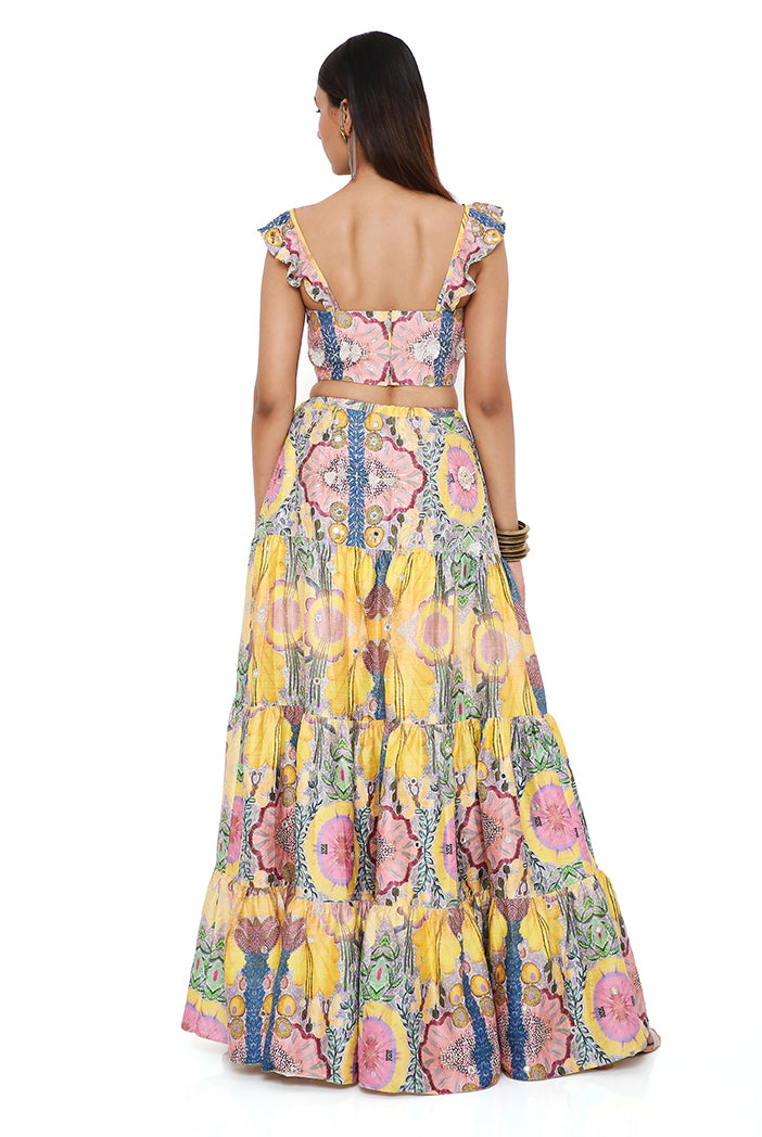 ALICE YELLOW ENCHANTED PRINT DUPION SILK EMBROIDERED BUSTIER AND SKIRT