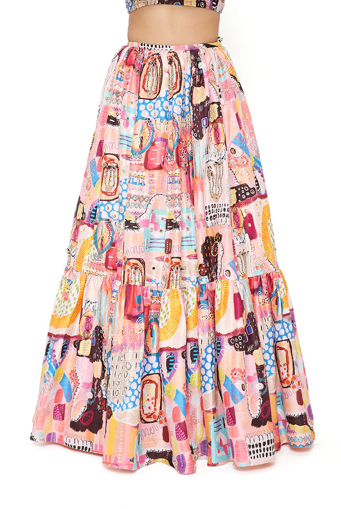 AMALIA TRANCE PRINT DUPION SILK EMBROIDERED BUSTIER WITH FRILL HEM LEHENGA AND MUKAISH NET DUPATTA