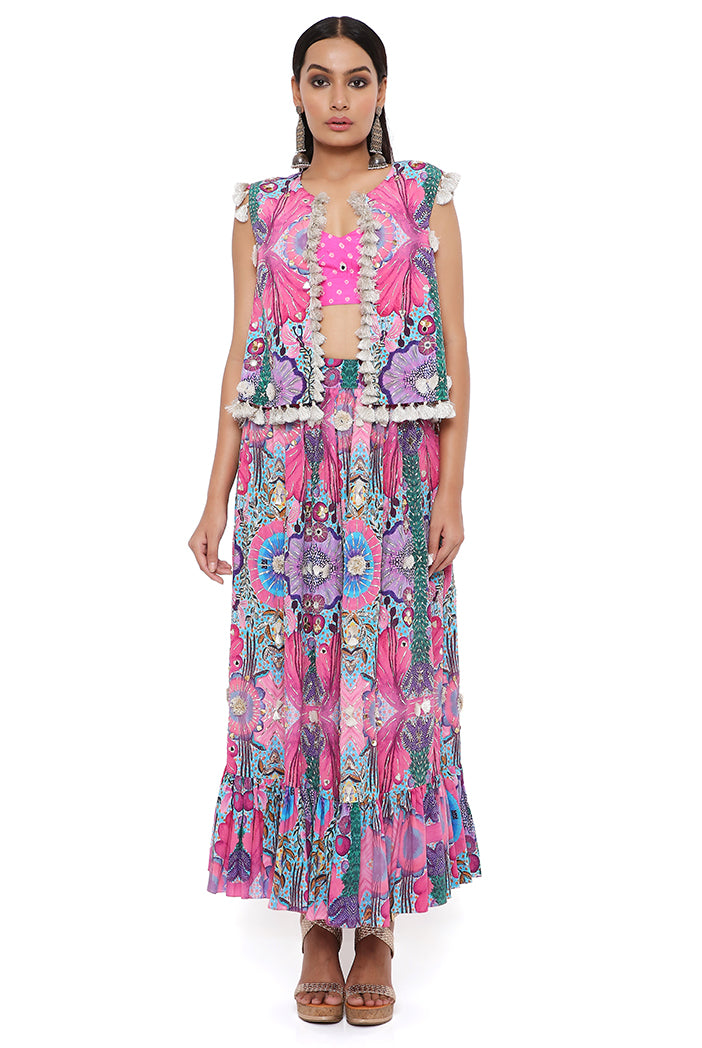 AMALIE PINK BANDHANI SILK EMBROIDERED BUSTIER WITH PRINTED CREPE EMBROIDERED JACKET AND SKIRT