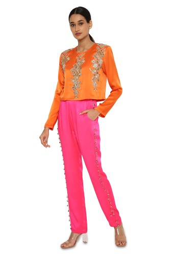 Amynah Orange Colour Satin Embroidered Top With Hot Pink Satin Pants