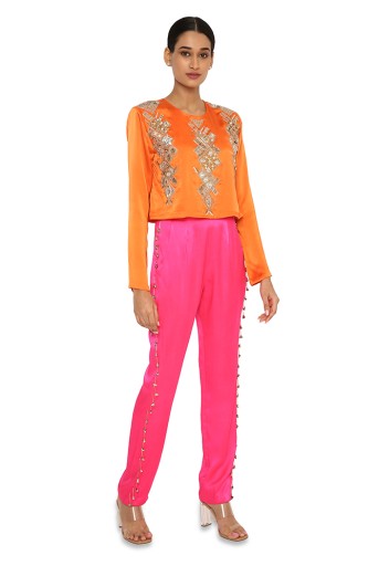 Amynah Orange Colour Satin Embroidered Top With Hot Pink Satin Pants