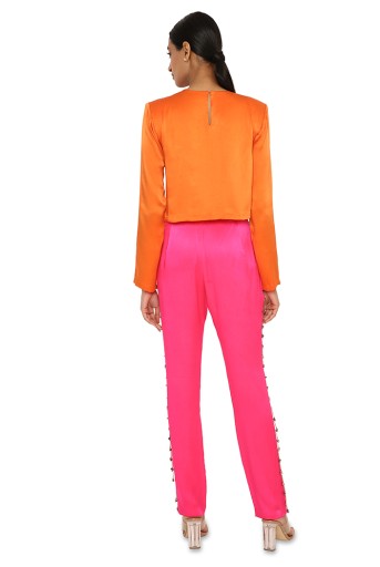 Amynah Orange Colour Satin Embroidered Top With Hot Pink Satin Pants